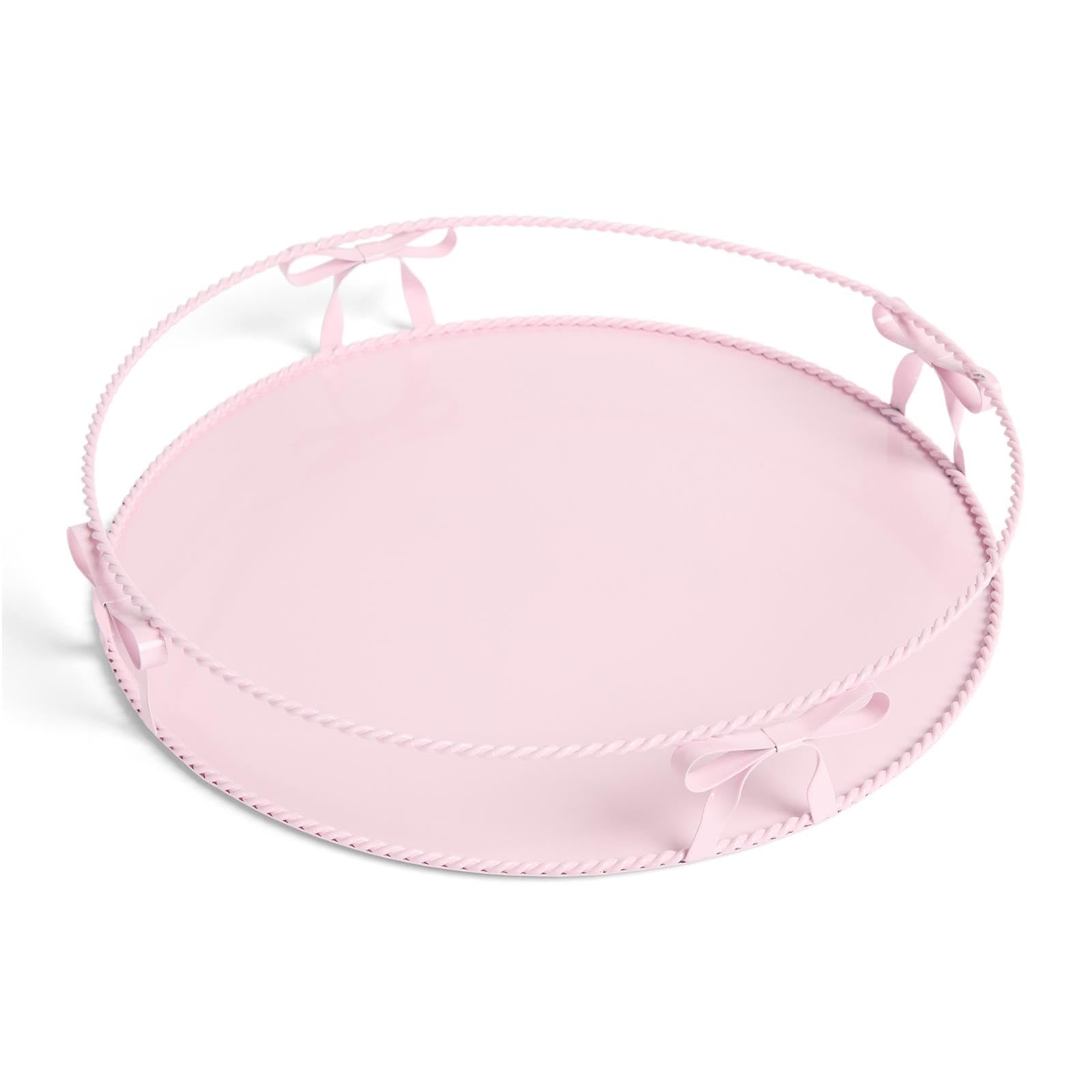 OHS Round Decorative Tray Bow Design Metal Modern Coffee Table Tray, Pink