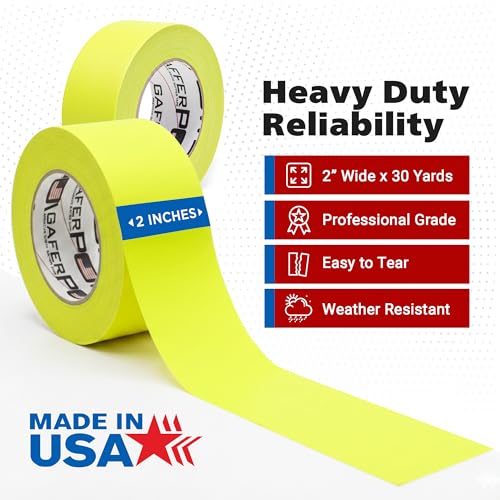Image of Gaffer Power Fluorescent Yellow Gaffer Tape 2 Inch x 30 Yards - High Visibility, Non-Reflective, Professional Grade Cloth Tape for Stage, Marking & Cable Management - Made in USA