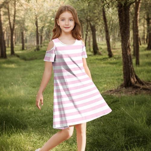 Girls Cold Shoulder Striped Dress Summer Short Sleeve Tshirt Dresses Swing Midi Sundress with Pockets3