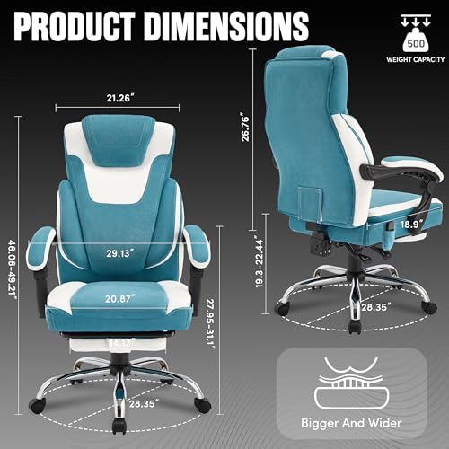 Image of Massage Office Chair with Footrest,6-Point Vibration and Heat Executive Office Chairs,Ergonomic Desk Chair for Heavy People,500LBS Big and Tall Fabric Office Chair,Reclining Managerial Chair,Bluewhite