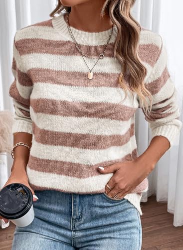 Image of Dokotoo Sweaters for Women 2026 Crewneck Striped Cute Color Block Fall Winter Knitted Pullover Tops