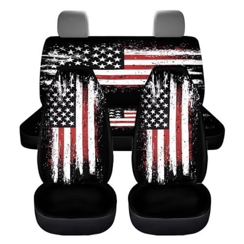 KEIAHUAN 4th of July Car Seat Cover Full Set American Flag Patriotic Breathable Car Front Seat Cover and Rear Bench Cover Set of 4