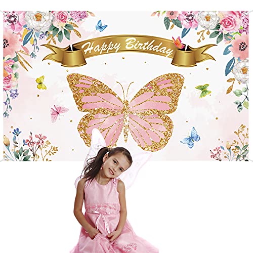 Chiazllta JM0172 Butterfly Birthday Party Backdrop Decorations Butterfly Spring Theme Party Background Banner Signs Favor Supplies thumb #3