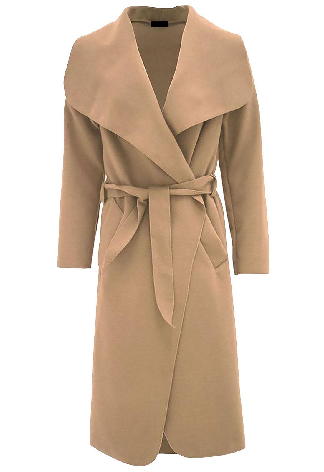 FAIRY TRENDZ LTD Womens Ladies Italian Trench Long Coat Waterfall Duster Cape Belted Cardigan Winter Wear Jacket Wrap Coat Camel UK 16-18