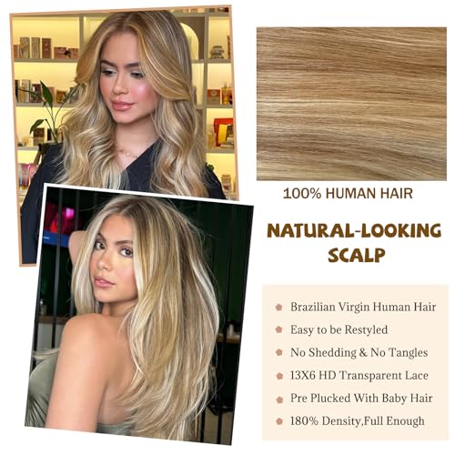 Image of Belaved 24 Inch Highlight Ombre Medium Brown Lace Front Wigs Human Hair Mix Blonde 13x6 Long Straight Balayage Blonde with Brown Roots 180% Density HD Lace Frontal Wig for Women Pre Plucked 8B60A
