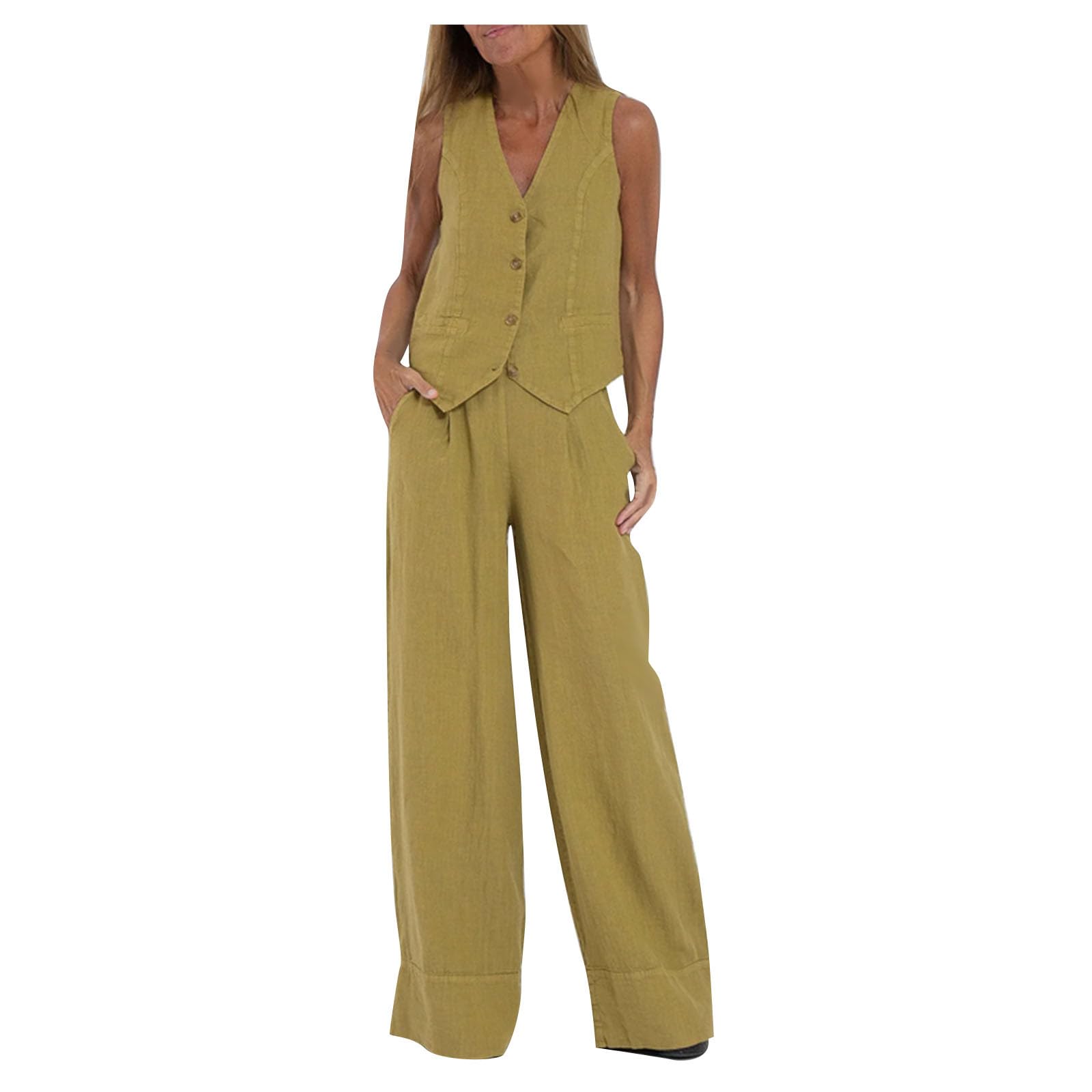 NUSGEAR Conjunto Dos Piezas Mujer Casual Algodon Lino Camiseta sin manga y Pantalones Chaleco otoño Primavera Deportivo Suelto Traje Pijama Cómodo Conjunto Casa Moda Color sólido Chandal ligera 2024