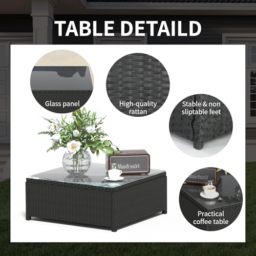 Image of 4 Pieces Outdoor Patio Furniture Set, Sectional Convertible Sofa Bed, Rattan Patio Conversation Sets with Side Table for Garden, Patio, Backyard, Black & Navy Blue