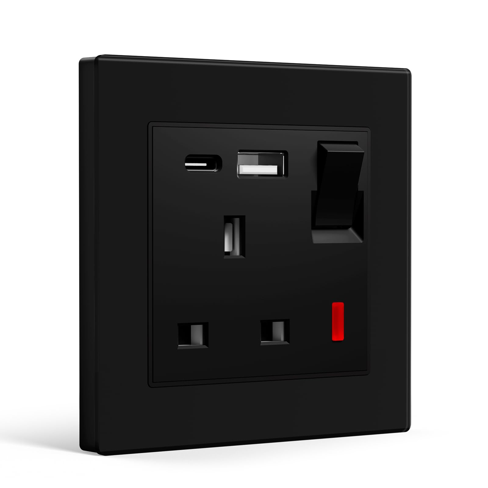 BSEEDLIFE Single Switched Wall Socket,Electric Plug Socket Outlets with 20W USB/USB-C,13 A,Glass Panel Outlet Compatible with 3 Pin UK Standard Plug,86mm Black