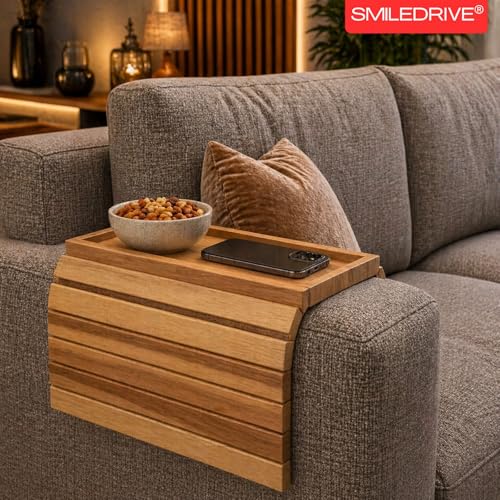 Image of SMILEDRIVE Teakwood Sofa Armrest Tray with Cup Holder Section, Set of 2 | Foldable Couch Organizer, Snacks, Remote & Phone Holder, Made in India