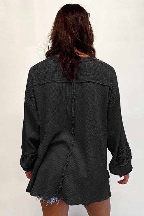 Image of Waffle Knit Long Sleeve Oversized Sweatshirt for Women Exposed Seam Patchwork Side Slit Pullover Sweaters for Women Fall Tops