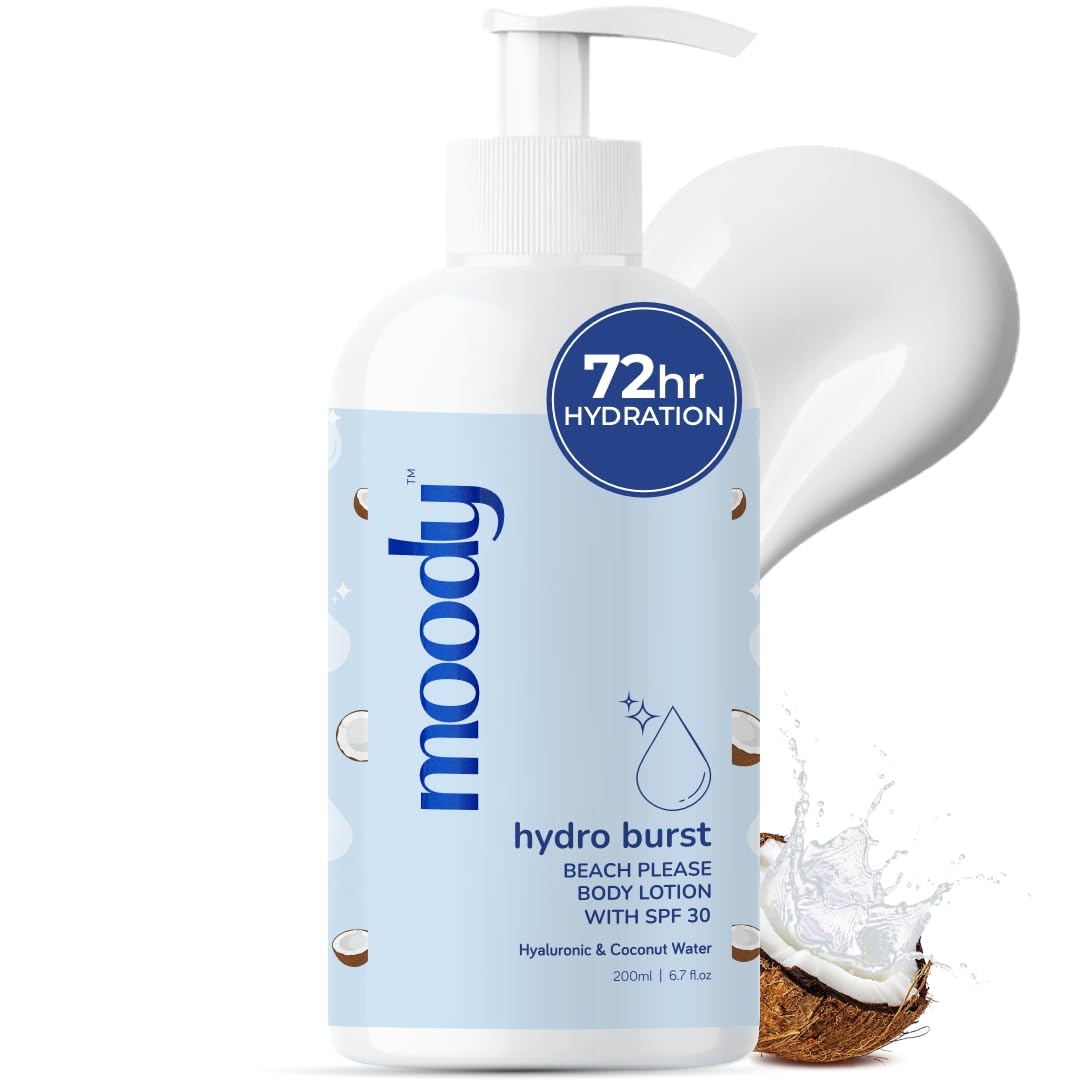Moody Hydro Burst Beach Please Body Sunscreen Lotion SPF 30 with Ceramide | Broad Spectrum Sun Protection Lotion | Non Greasy | No White Cast | Quick-Absorbing | Suitable For All Skin Types, 200ml