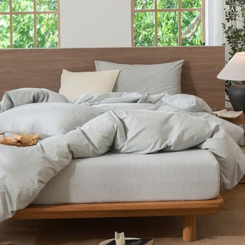 Image of MooMee Striped Duvet Cover Set 100% Washed Cotton Linen Like Queen | Relaxed Linen-like Texture. Soft, Breathable & Long-lasting Comfort. Lightweight. Hidden Zipper with 8 Interior Corner Ties