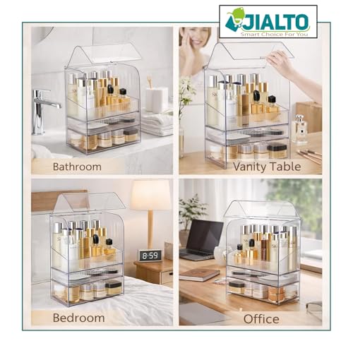Image of JIALTO Makeup Organizer with Drawer Storage, Transparent Cosmetic Organizer Box with Dustproof Cover, Skincare Perfume Storage Case for Dressing Table, Bathroom Vanity Organiser for Women -Transparent