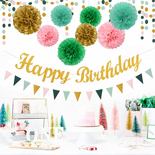 Image of Sage-Green Pink Mint Gold Birthday Decorations - 31pcs Party Kits Happy Birthday Banner Flags,Tissue Paper Pom Poms,Circle Dots Garland,Tassel Streamers,40th 50th Women Men Birthday Decor Panduola