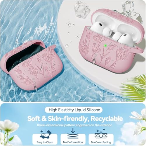 Image of Meyaar Silicone Case for AirPods Pro 3 Floral Embossed, Flower Engraved Soft Silicone Cover with Keychain, Anti-Scratch, Shockproof Protective Case Cover (Pink, for AirPods Pro 3 (2025))
