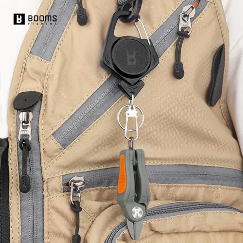 Image of Booms Fishing Line Cutter with Retractor: Mini Fishing Scissors for Braided Momo Fluoro Line - Braid Scissors Saltwater with Hook Eye Cleaner - Serrated Shears with Locking Feature, FR1 Orange