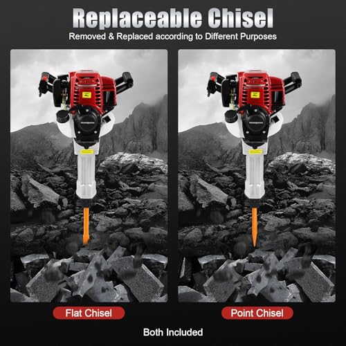 37.7CC Air Cooling Gas Power Hammer Drill 4-Stroke, 1.2KW Chipping Hammer Heavy Duty Demolition Jack Hammer Concrete Breaker Punch with Point Chisel, Flat Chisel and Tool Bag - Thumbnail 5