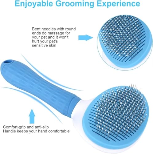 Image of Pet Dog Hair Brush for Shedding Indoor Kitten Comb Grooming And Care Slicker Brush Stainless Steel,Cat Hair Brush for Long Hair Removal,Self Cleaning Rabbit Puppy Dogs Grooming Massaging Tool (Blue)