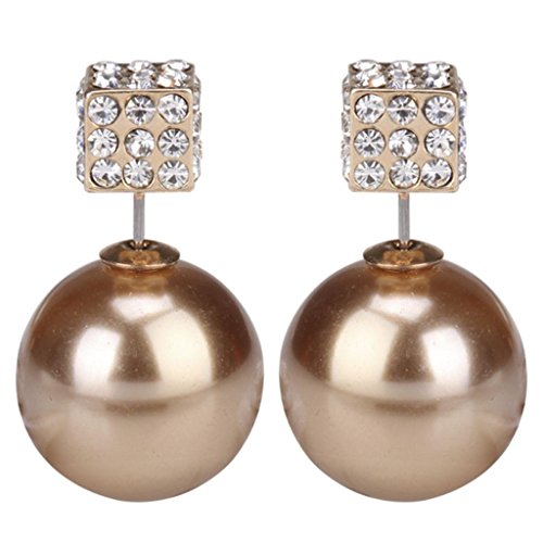 Eyourlife Fashion Womens Lady Earring Double Side Pearl Crystal Ear Studs Earrings Shiny Gold