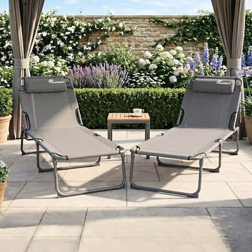 SUNMER Sun Loungers - Set of 2 Deluxe Tanning Sun bed - 5 Position Adjustable Backrest Heavy Duty Folding Outdoor Day Bed for Garden & Pool