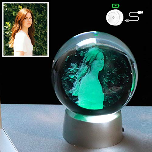 YWHL Personalized Photo 2D 80mm Crystal Ball with Colorful LED Base Etched Engraved