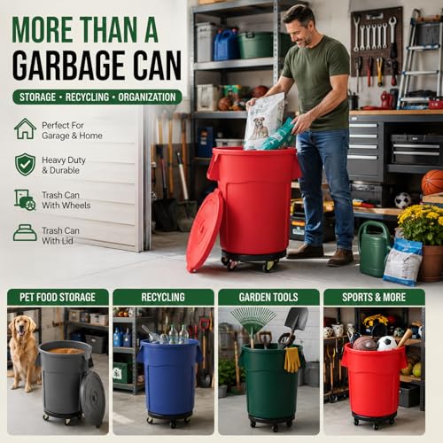 Image of 20 Gallon Outdoor Trash Can with Lid and Wheels, 1 Pack-Red | Garbage Can with 4 Wheels, Rolling Trash Can for Garage / Backyard / Kitchen / Patio / Office / Cafe / Warehouse