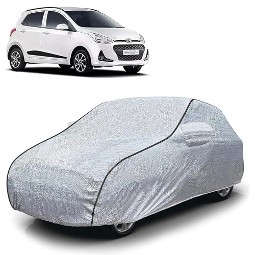 Image of Sulfar 100% Waterproof Car Body Cover Compatible with Mirror for Hyundai Grand i10 (Triple Stitched, Full Bottom Elastic, Magic Silver with Black Piping)