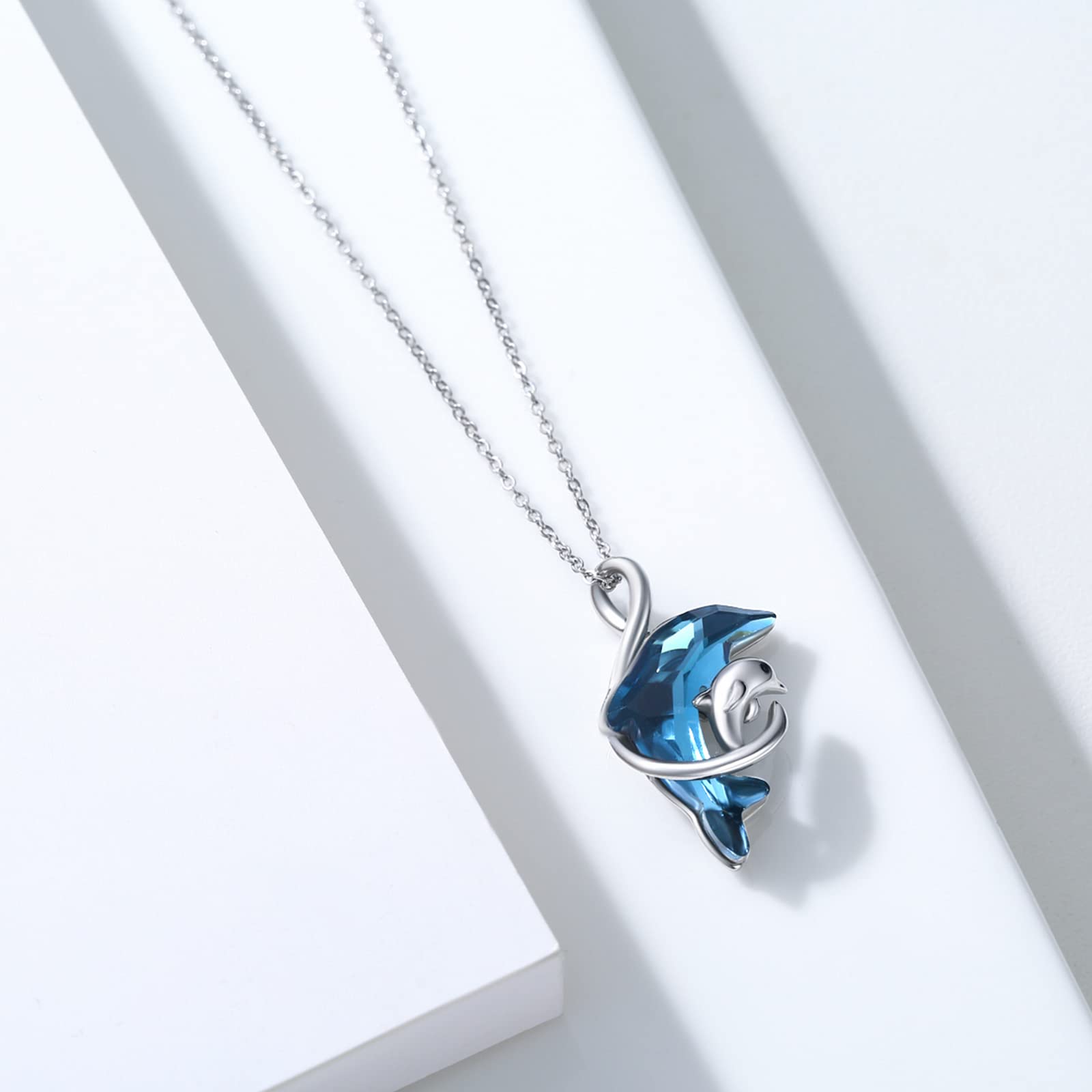 OHAYOO Delphin Kette 925 Sterling Silber Delphin Anhänger Halskette mit Blau Kristall Tier Kette Delphin Schmuck Weihnachten Geschenke für Damen Frauen