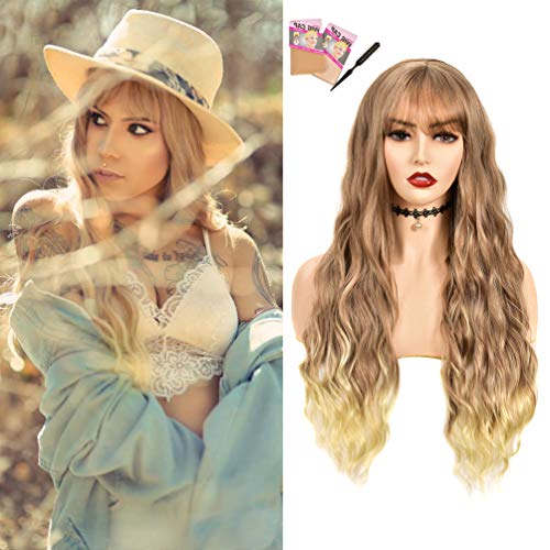 Long Black Wig with Bangs - 24 Inches Mixed Blonde Upgrade Middle Part Full Machine Made Long Wavy Synthetic Black Wigs for Women ¡­