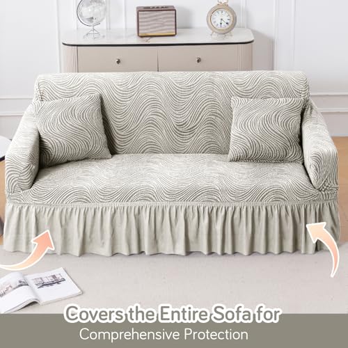 Image of HOKIPO 240 GSM Premium Jacquard Sofa Cover 3 Seater Fully Covered, 'Serene Wave Series' Vanilla Beige (AR-6354-CRM)
