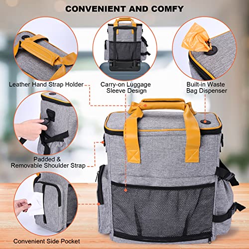 Ownpets Hunde Reisetasche, Reisetasche für Hundeausrüstung mit 2 Hundefuttertaschen, 2 faltbaren Näpfen und einem abnehmbaren Tragegurt, ideal für Reise, Camping, am Flugzeug tragbar(Grau)