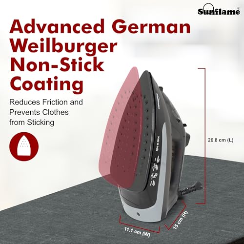 Image of Sunflame 1600 Watt Steam Iron with German Weilburger Non-Stick Coating | Large 220 ml Water Tank | High Steaming Rate I Self Cleaning | Vertical and Horizontal Ironing | 2 Year Warranty by Sunflame