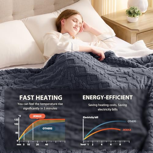 JKMAX Heated Electric Blanket Twin Size-62"x84" Heating Blanket with 10 Heating Levels & 5 Time Settings Over-Heat Protection,Winter Warmer for Adults with ETL Certification(Grey)