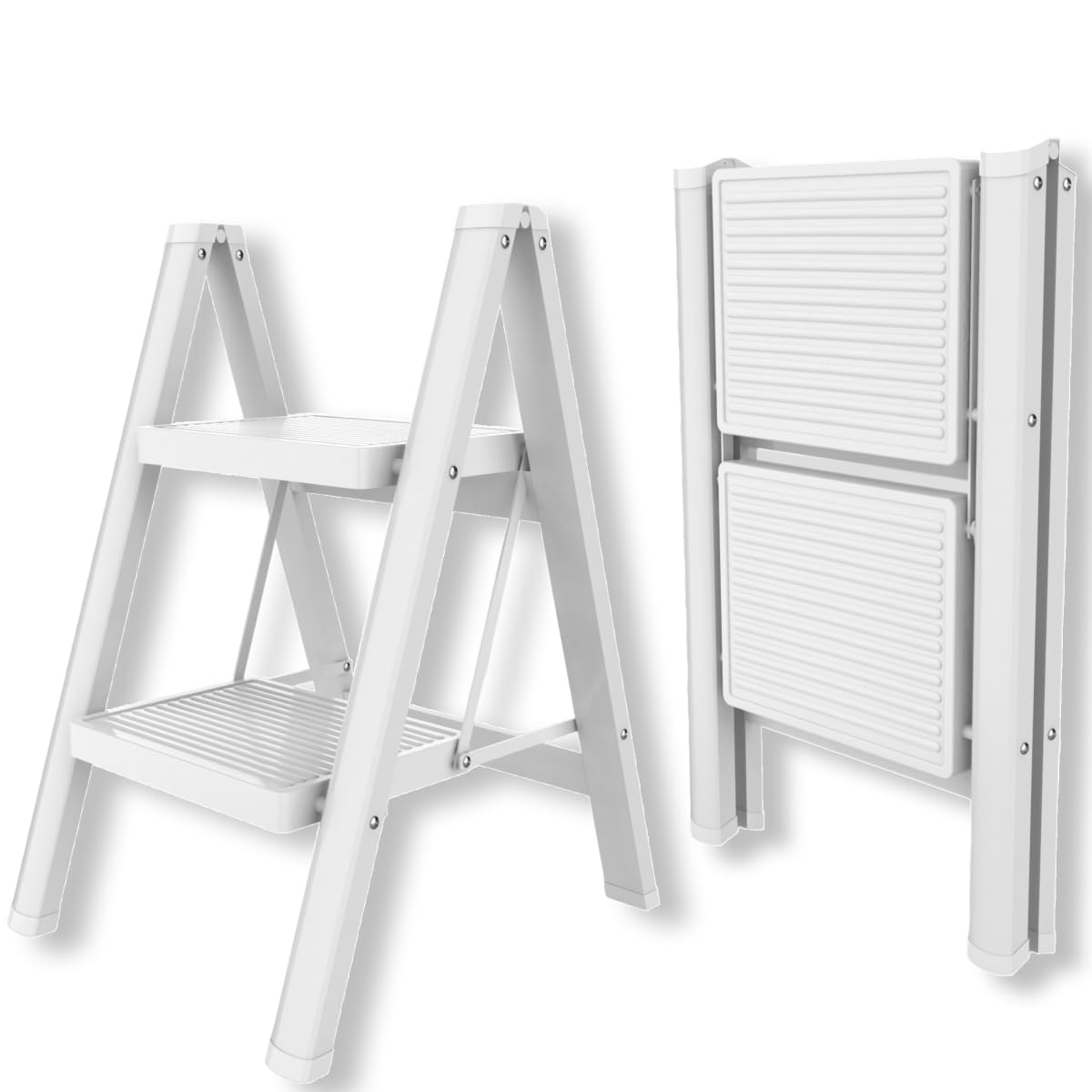 ISOP Escalera Plegable de Aluminio de 2 Peldaños | Escalera Plegable Blanca de Dos Peldaños | Escalera Antideslizante | Duradera, Ligera y compacta | Escalera de Paso para Garaje o Oficina