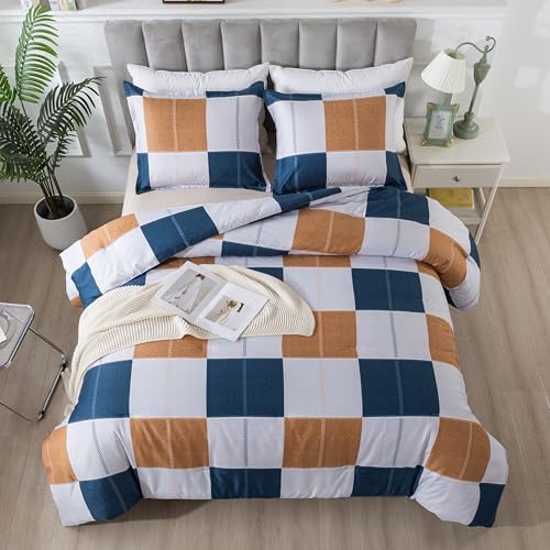Image of Caressma Plaid Checkered Comforter Set Navy and Gray, Fluffy Geometric Grid Buffalo King Size 3 Pieces Comforter Set with Two Matching Pillow Shams