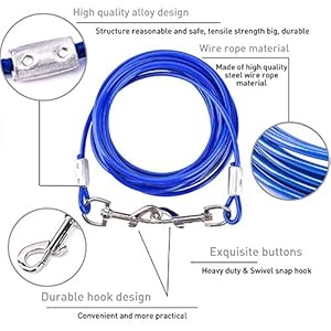 Dog Tie Out Cable and Stake, 20ft Outside Dog Leash&Chain for Camping and Yard, 16” Heavy Duty Anti Rust Spiral Stake for Medium-Large Dogs Up to 125 lbs (20FT, Blue)