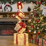 SANHSEHOME Set of 4 Lighted Gift Boxes, 3.3FT 70 LED Stackable Light Up Present Boxes for Christmas Decorations Indoor Outdoor Yard Lawn Porch Home Decor(4 Pack)
