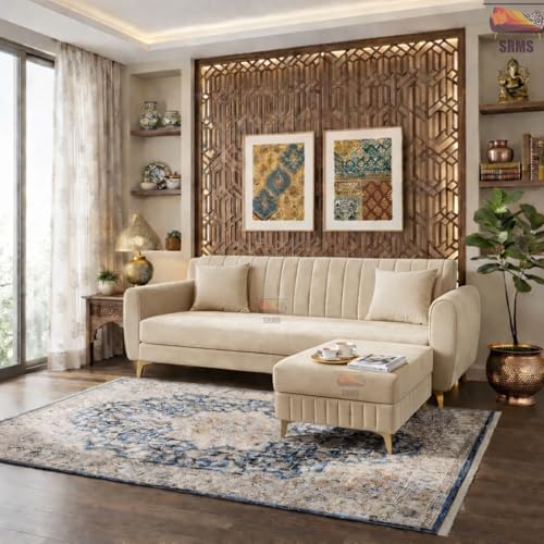 Image of SRMS Golden Legs 4 Seater L Shape Velvet Fabric Sofa Set with Four Cushions | Perfect for Home Office Guests Living Room | Sofa Set for living Room | 74 x 32 x 30 inches | Beige