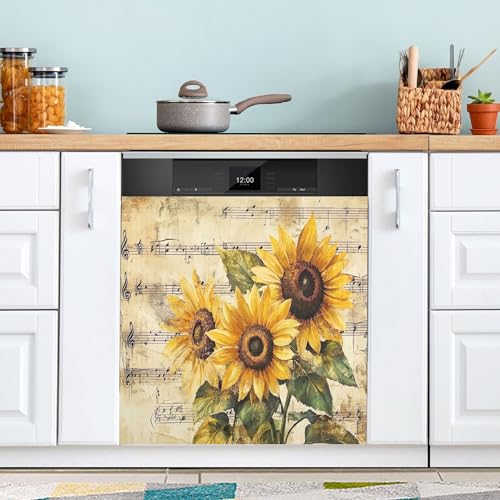 Sevdomey Copertura magnetica per lavastoviglie vintage con girasoli, 58 x 66 cm, decorazione da cucina per la cucina di casa