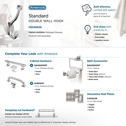 Amerock Adare Double Prong Polished Chrome Wall-Mounted Hook - 5