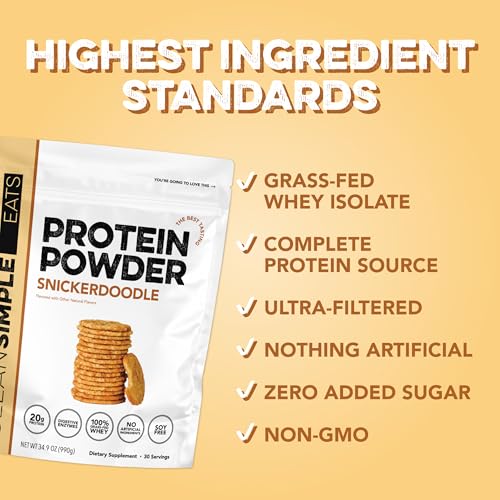 Image of Clean Simple Eats Whey Isolate Protein Powder, Snickerdoodle, Naturally Sweetened, Zero Added Sugar, 20g 100% Grass Fed Protein Powder with Digestive Enzymes, Gluten Free, Non GMO, 30 Servings