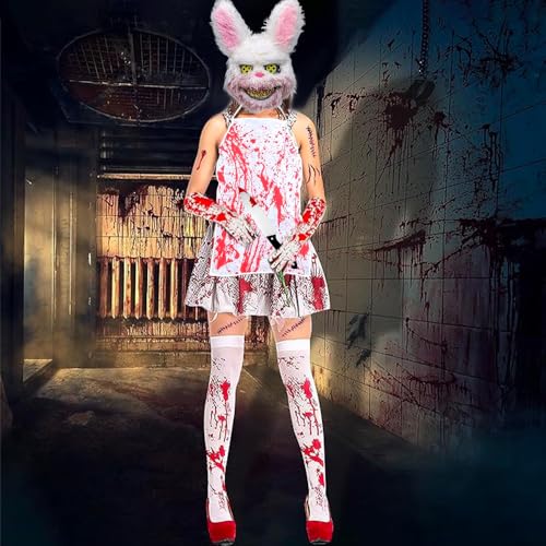 Yi'antai Costume de Boucher Halloween, Costume de Lapin D'horreur, Masque de Lapin, Deguisement Halloween Homme, Homme Horreur Tueur, Tablier Ensanglanté, Temporary Tattoo Sheets, Gants en coton(A) – vue 6
