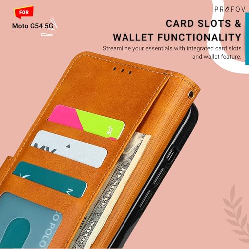 Image of Moto G54 5G Versatile Flip Cover Wallet | Kickstand Function & Multiple Card Slots | Modern Denim & Vegan Leather Case Back Flip for Moto G54 5G | Light Brown