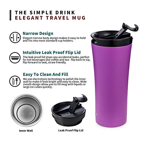 Simple Drink Insulated Coffee Travel Mug 16 Oz | Sturdy Stainless Steel Tumbler Cup With Spill-Proof Lid - Works Great For Ice Drink, Hot Beverage #TOP3