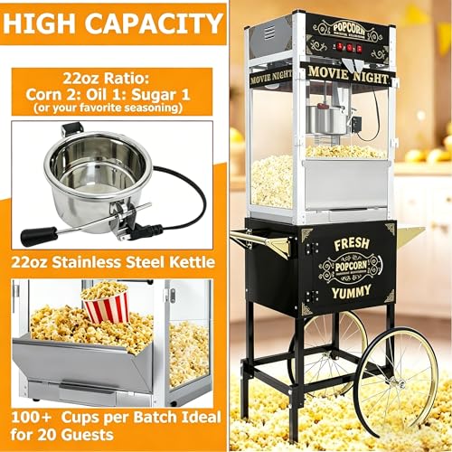 Image of Commercial Popcorn Machine with Cart & Wheels 丨 Popcorn Maker Machine with 22OZ Stainless Steel Kettle丨 Pop corn Machine Maker for Home, Theater, Parties, Black
