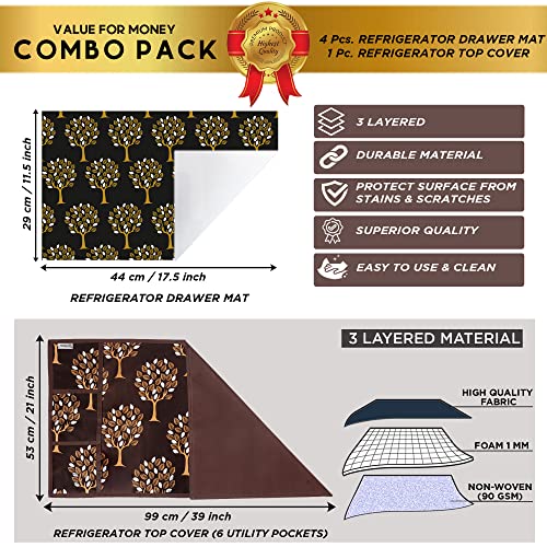 Image of Polyester 3-Layered Fridge Top Cover /Refrigerator Cover with Utility Pockets and Set of 4 Pc Fridge Mats (Color-Brown, Size-39x21 Inches)