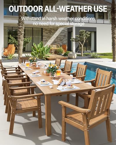 Image of YEFU Outdoor Patio Dining Sets: All Weather 12 Piece Dining Table Set for 10 with Umbrella Hole & Aluminum Frame - Outdoor Furniture Patio 2 Table and 10 Chairs for Outside Backyard /Porch /Deck Teak