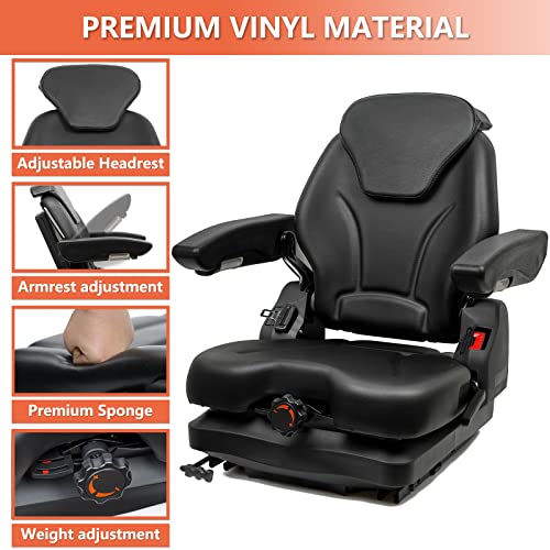 Image of Tractor Suspension Seat, Fold Down Forklift seat with Adjustable Angle Back, Micro Switch, Seatbelt and Armrests, Highback Low Suspension Heavy Duty for Tractor Mower Excavator Harvester