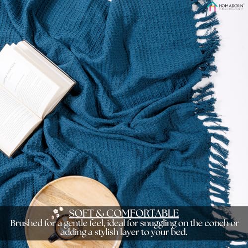 Image of HOMADORN Waffle Weave Cotton Throw Blanket - Lightweight, Breathable & Cozy for Sofa or Bed (100% Cotton)(50X60 Inches) Teal Blue