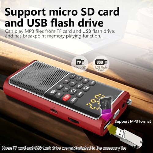Miniatura 7 de Radio FM pequeña radio portátil de bolsillo, funciona con batería recargable, tarjeta USBMicro SDranura para tarjeta TF Reproductor Mp3, llave